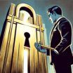 Latino businessman facing a locked door representing funding challenges