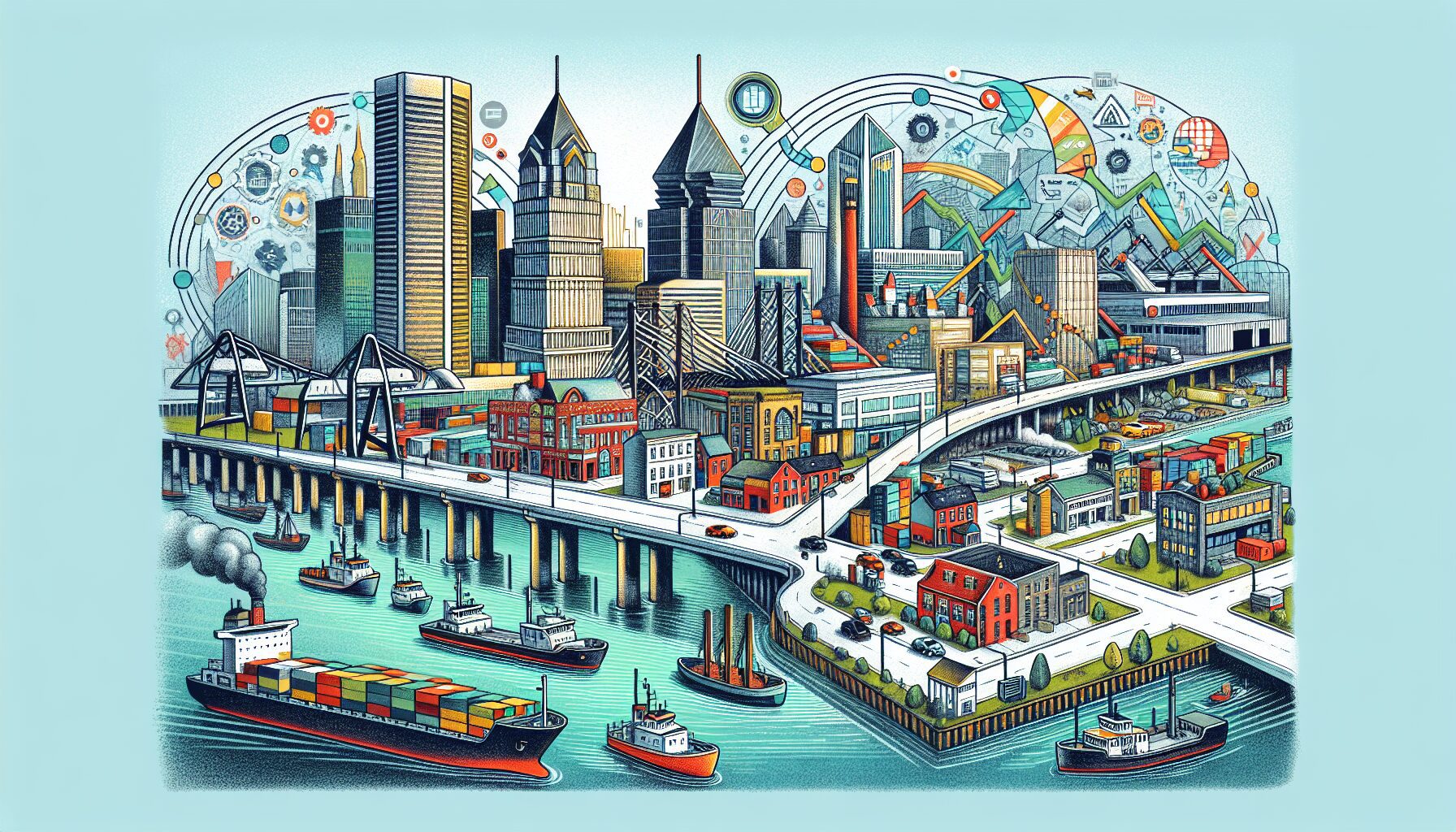 A sketch of beautiful city with high bridges and high buildings.