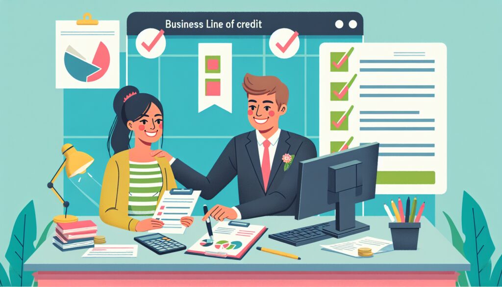 A cheerful business meeting scene with a man and woman reviewing financial documents and charts at a desk.